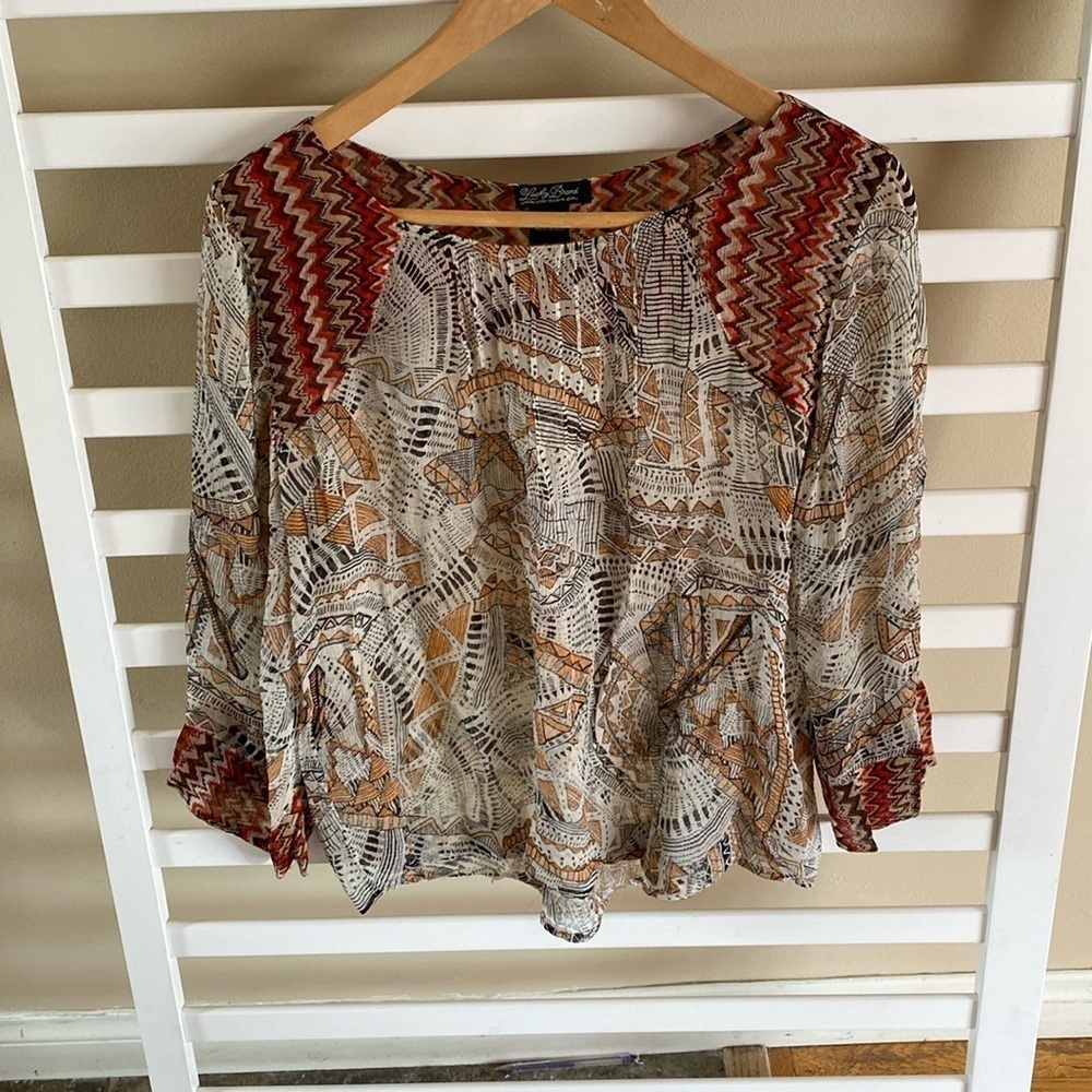 LUCKY BRAND BOHO TRIBAL-PRINT CRINKLE-CHIFFON SHEER TOP SIZE Medium